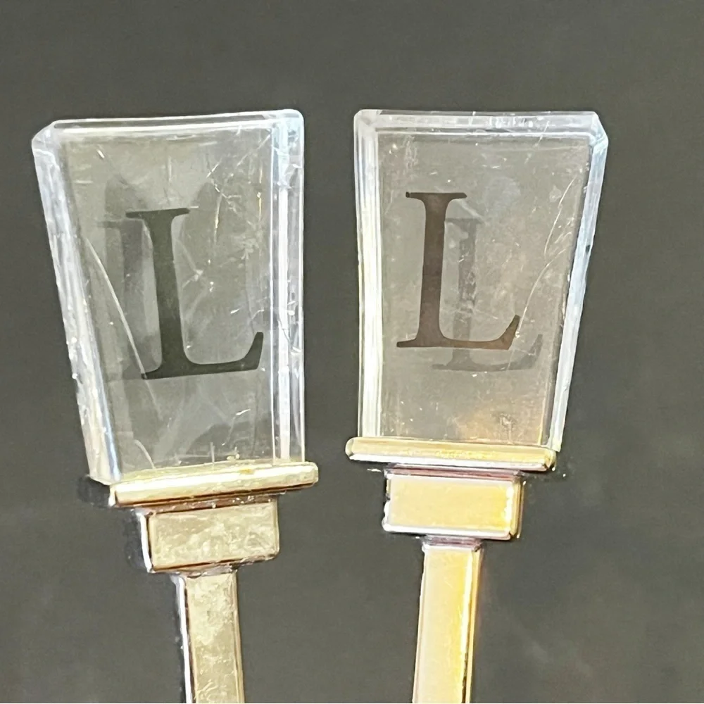 Vintage Cocktail Appetizer Forks Picks Acrylic Handle “L” Logo Stainless Set 4x